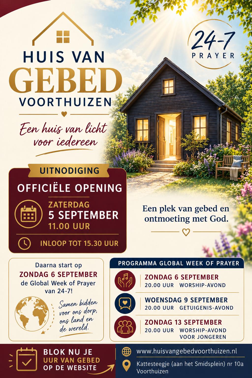 Flyer met de uitnodiging voor de officiële opening op zaterdag 5 september om 11.00 uur en het programma van de Global Week of Prayer